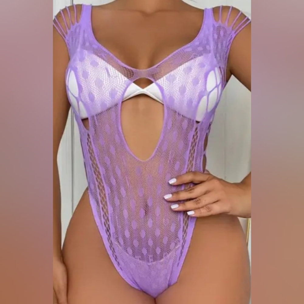 Nylon Fishnet Thong Teddy Lingerie Outfit Purple